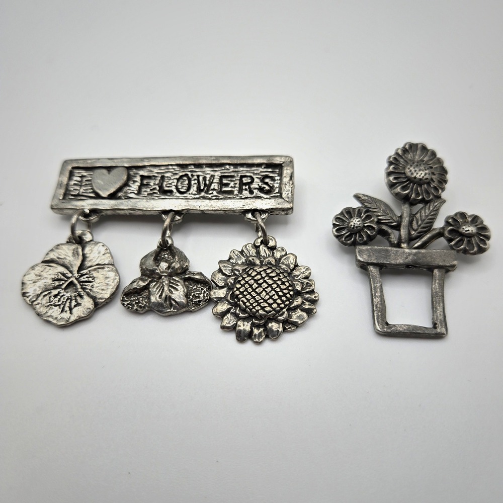 2pc Floral Pins‎ Silver Pewter Tone I <3 Flowers Sheridan Brooch Nature Charms